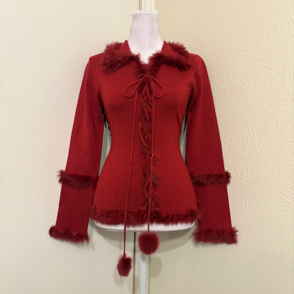 Red Silk Blend Rabbit Fur Trim Lace Up Tie Front Pom Pom Sweater Blouse Fall M